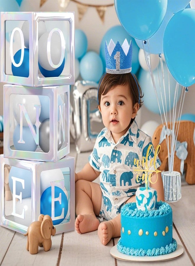 Winrayk 141Pcs Elephant First 1st Birthday Decorations Boy, ONE Box Blue Balloon Arch Backdrop Tablecloth Crown Hat Cake Topper Elephant Hot Air Balloon One Year Old First Birthday Decorations for Boy - Image 3
